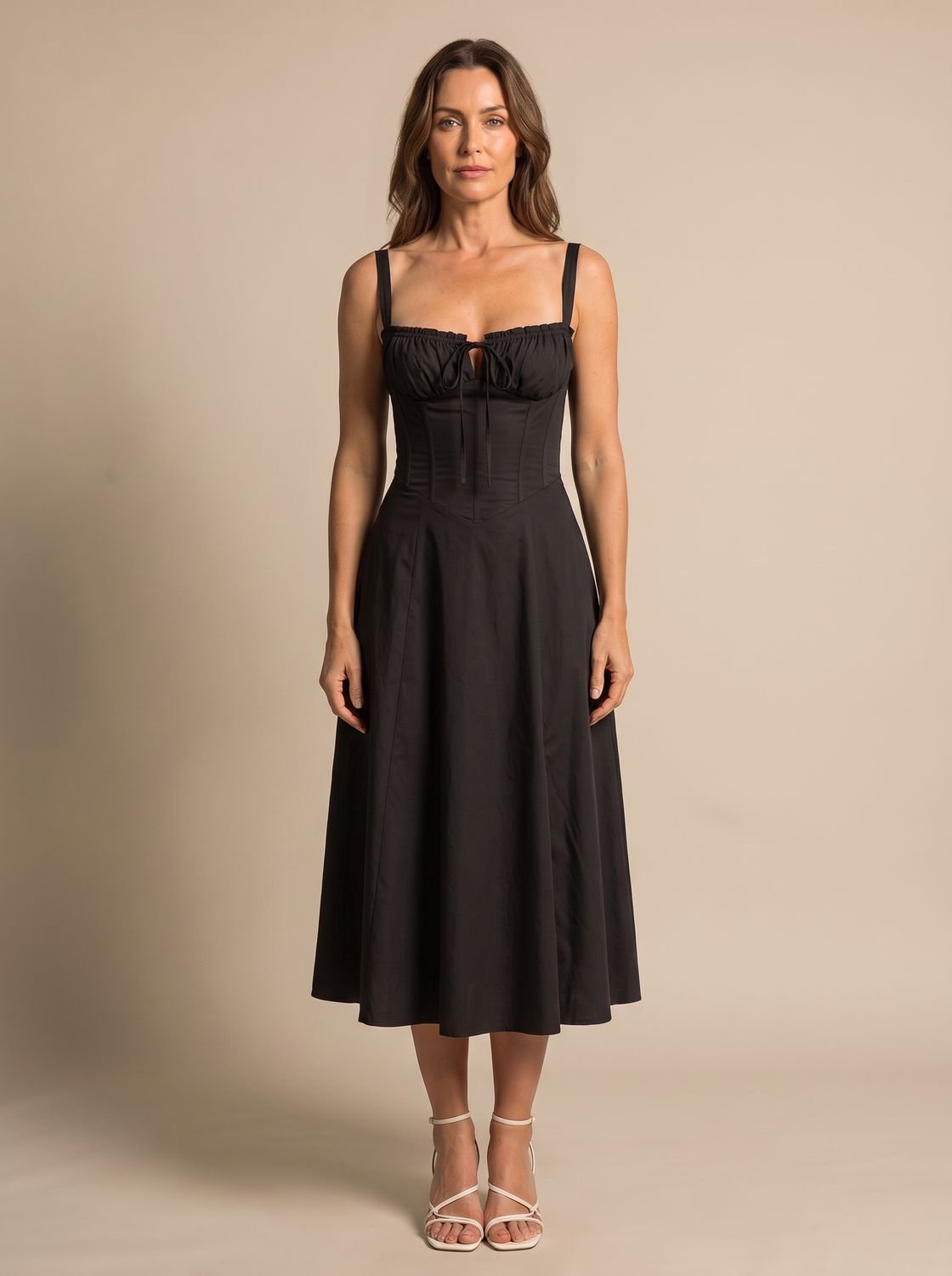 Women's Corset Bodice A-Line Midi Dress Tie-Front - Black