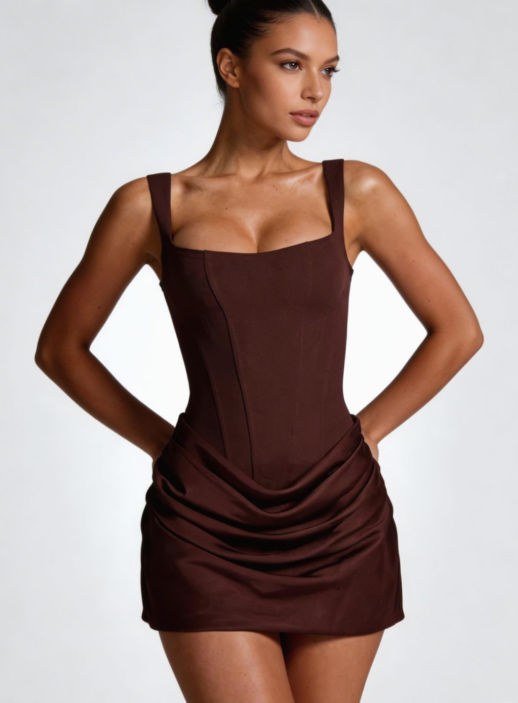Women's Corset-Bodice Draped Mini Dress Square Neckline Wide Straps, Chocolate Brown - Brown