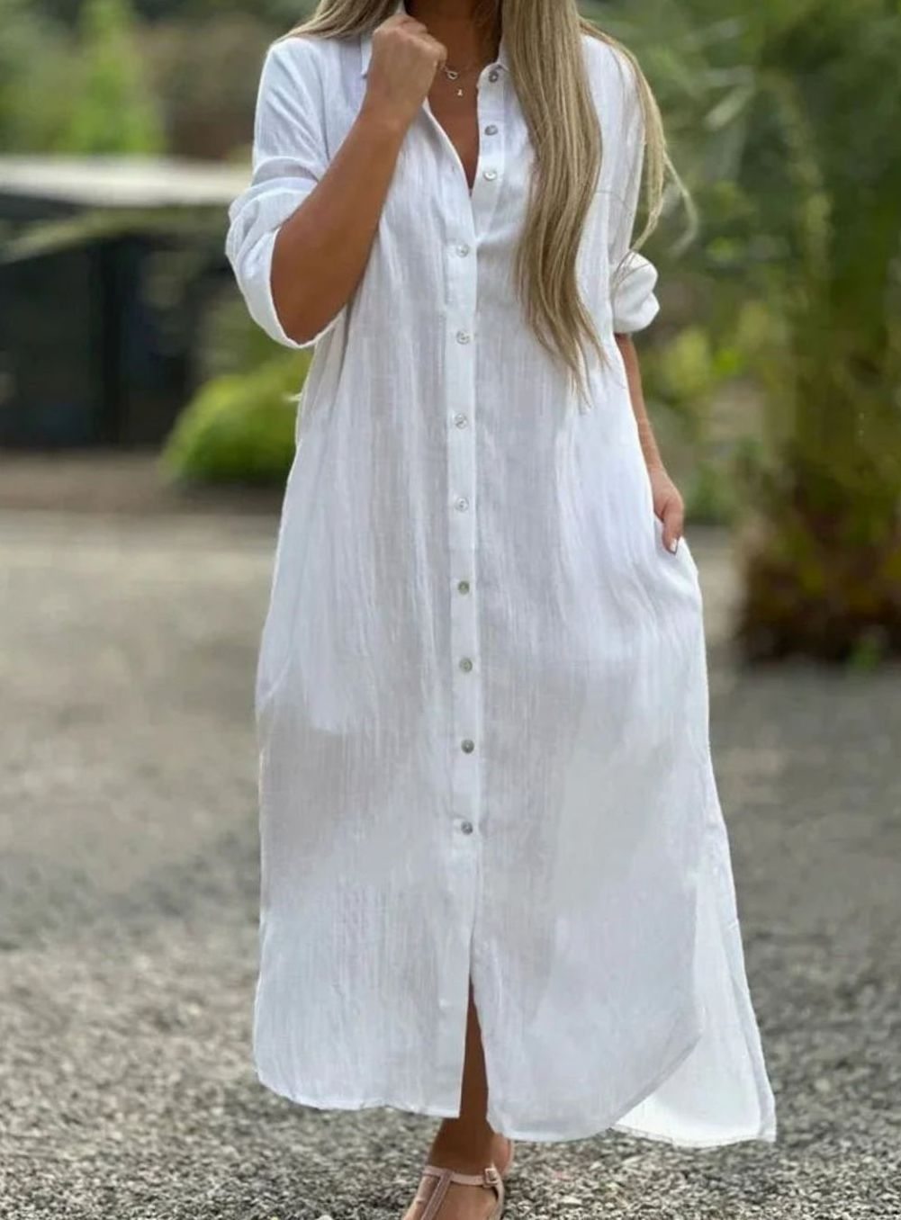 Women's Cotton Hemp Long-Sleeve Loose-Fit Summer Maxi Dress - White