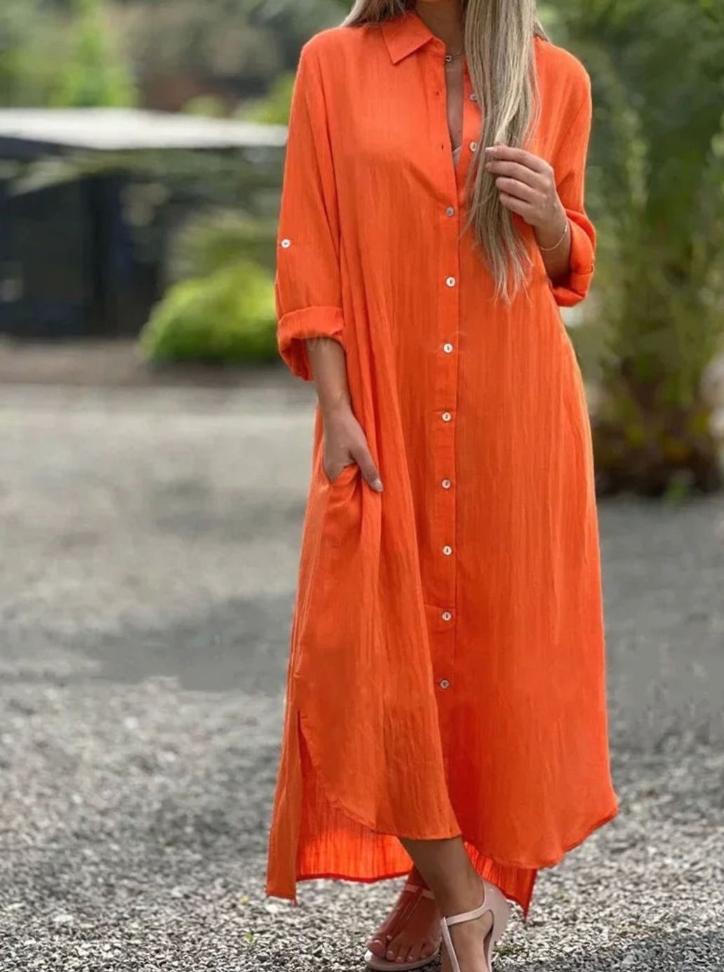 Women's Cotton Hemp Long-Sleeve Loose-Fit Summer Maxi Dress - Orange