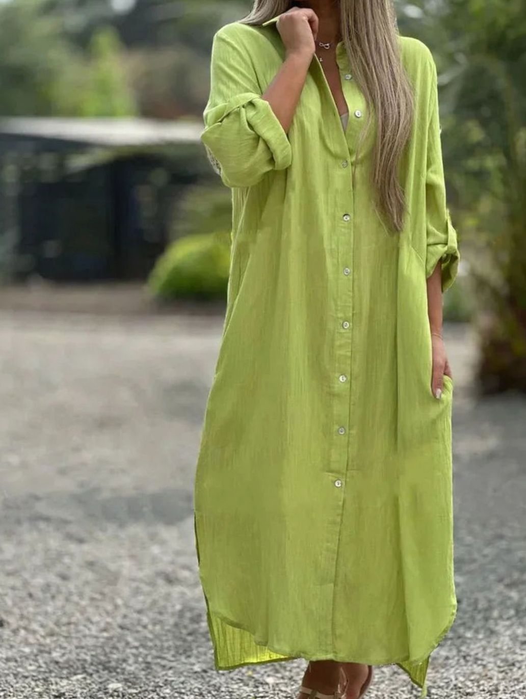 Women's Cotton Hemp Long-Sleeve Loose-Fit Summer Maxi Dress - Light Green