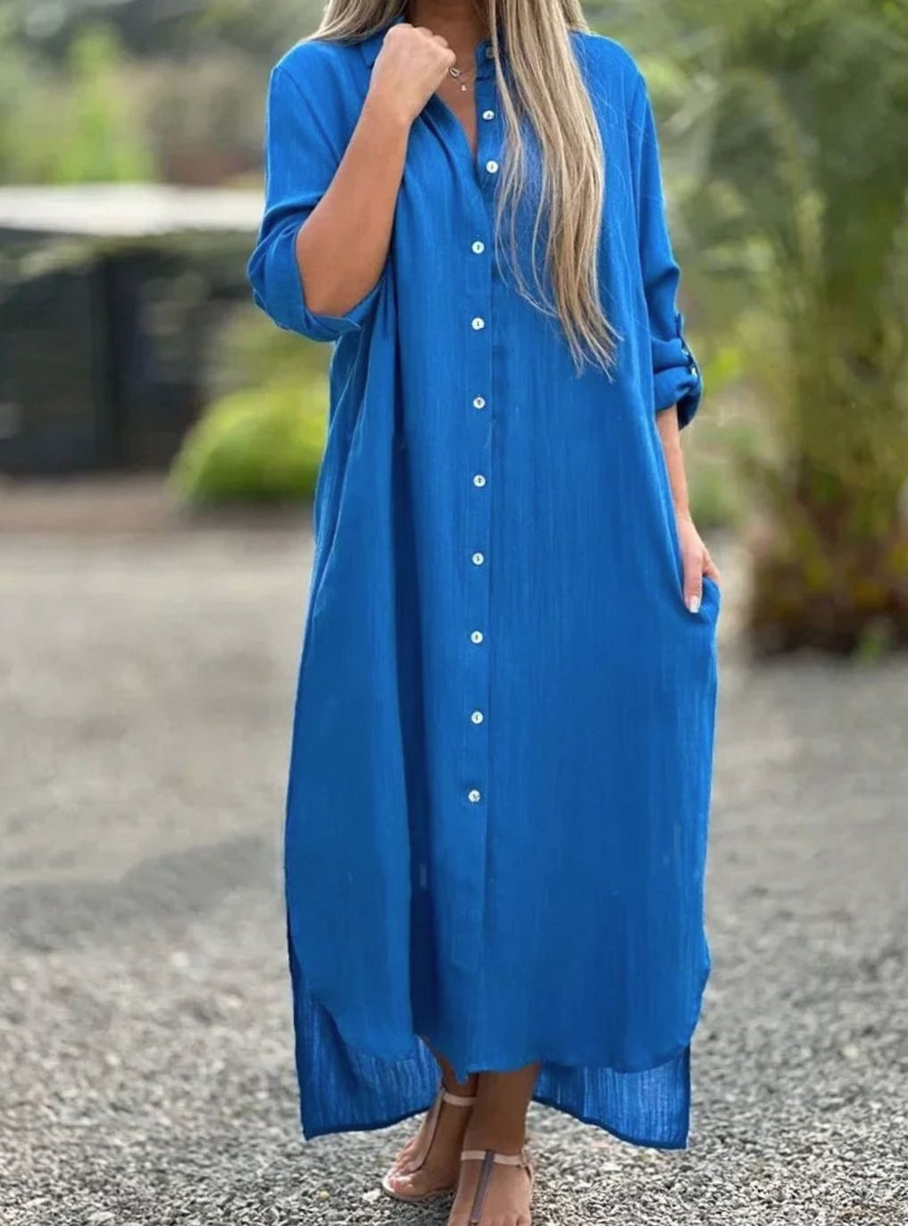 Women's Cotton Hemp Long-Sleeve Loose-Fit Summer Maxi Dress - Dark Blue