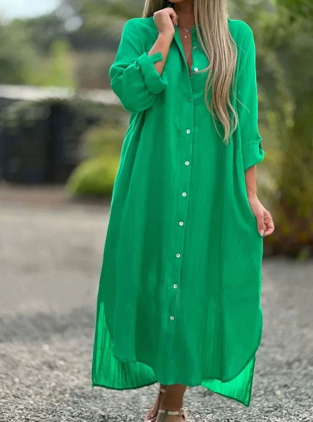 Women's Cotton Hemp Long-Sleeve Loose-Fit Summer Maxi Dress - Dark Green