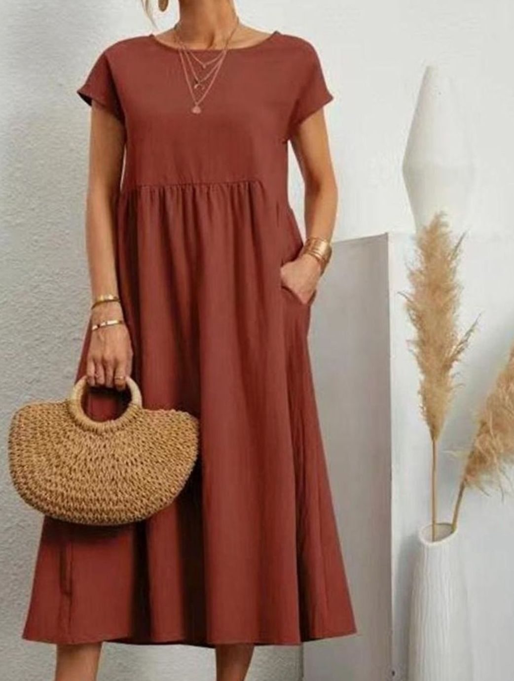 Women's Cotton Short-Sleeve Gathered Midi Dress with Pockets - Brown