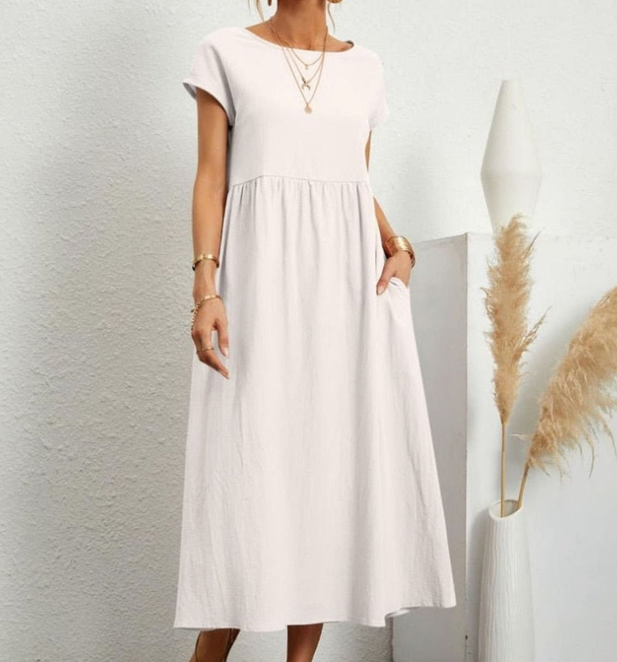 Women's Cotton Short-Sleeve Gathered Midi Dress with Pockets - White