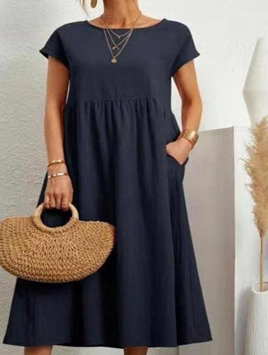 Women's Cotton Short-Sleeve Gathered Midi Dress with Pockets - Navy Blue