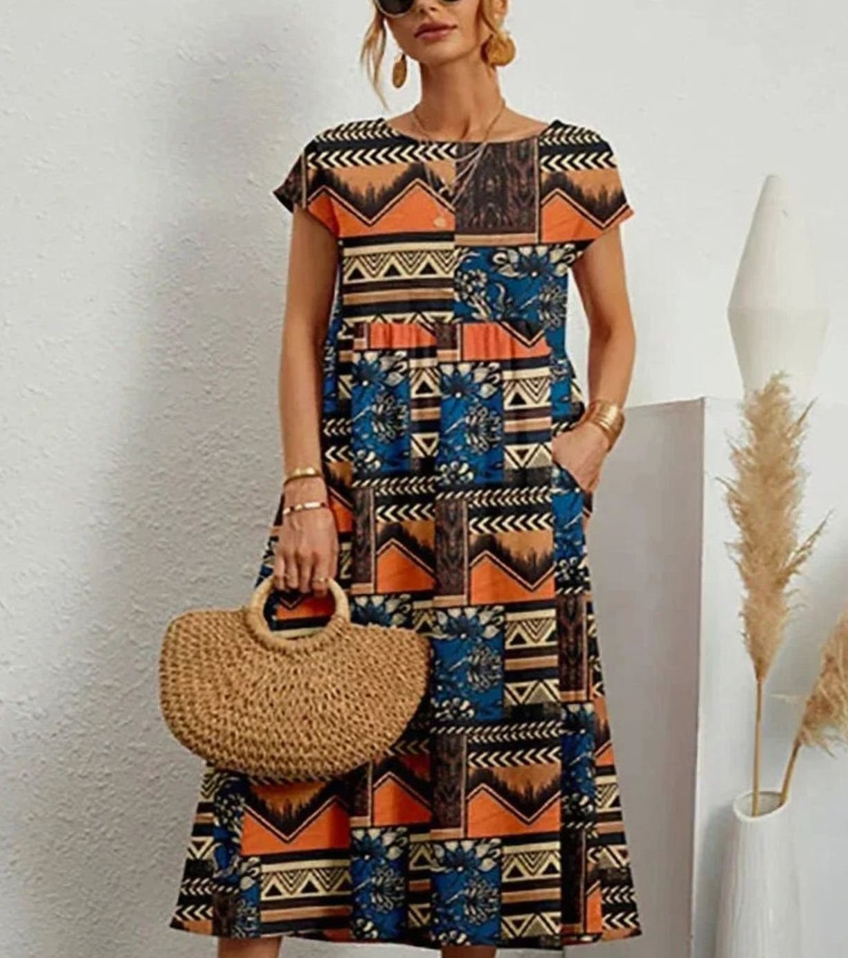 Women's Cotton Short-Sleeve Pocketed Floral Maxi Dress - Orange