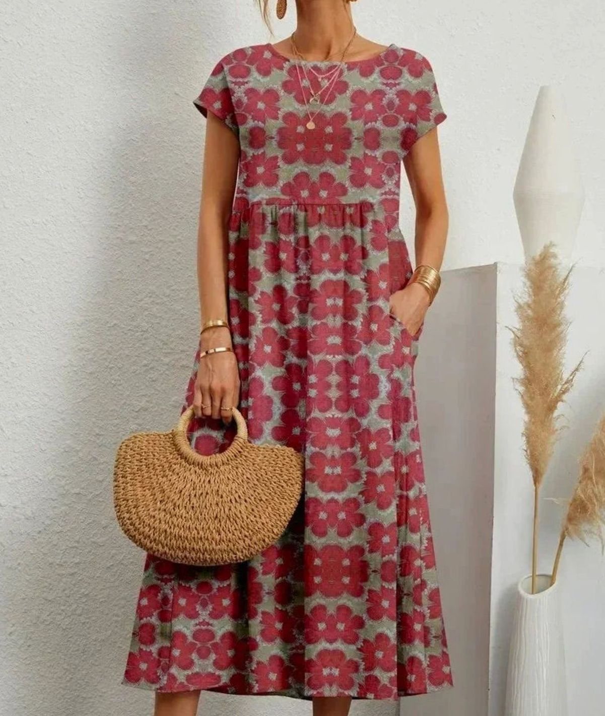 Women's Cotton Short-Sleeve Pocketed Floral Maxi Dress - Red
