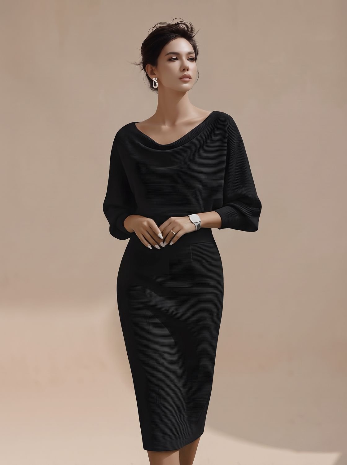 Women's Cowl Neck Batwing Sleeve Knit Midi Pencil Dress - Black