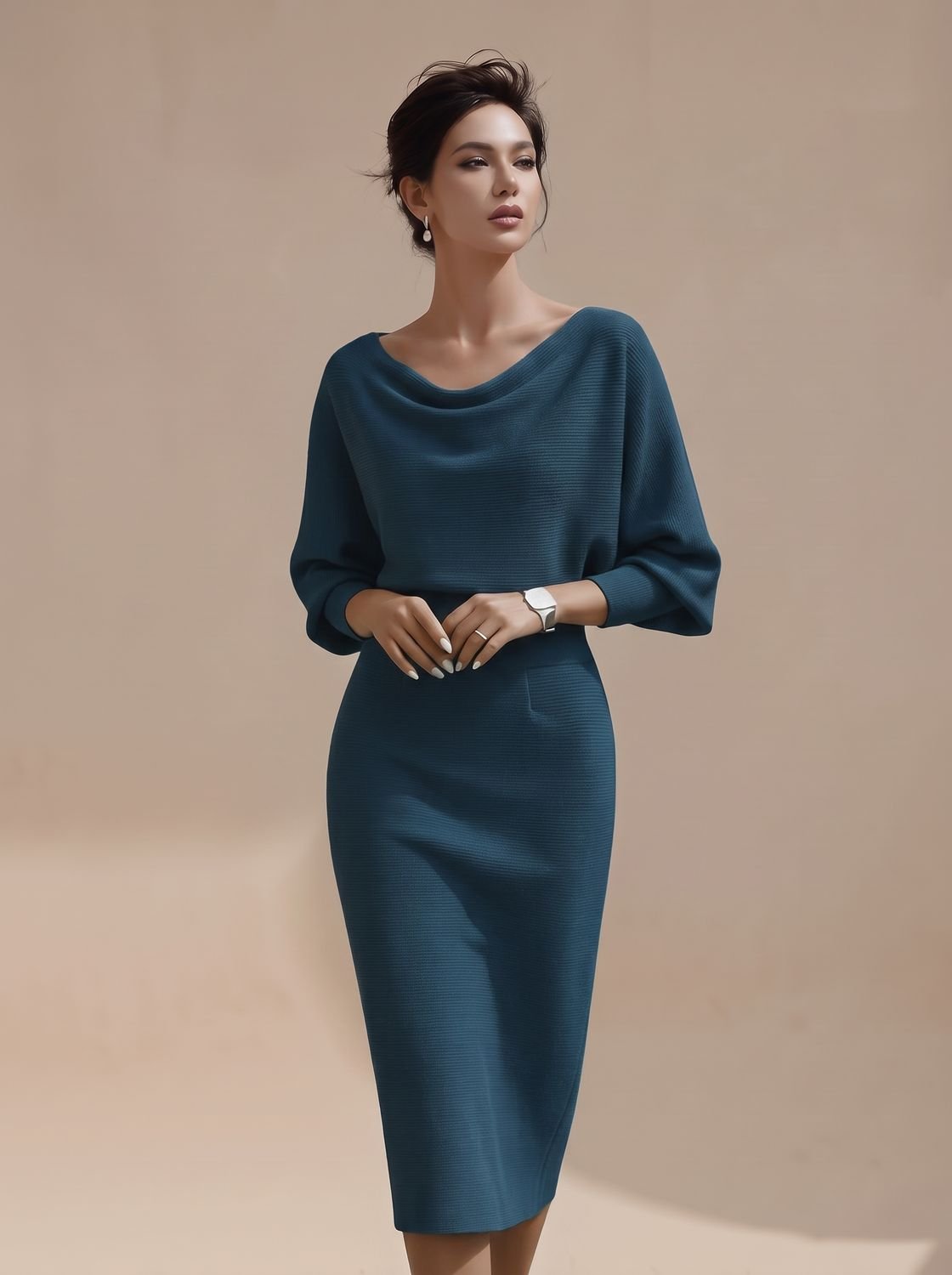 Women's Cowl Neck Batwing Sleeve Knit Midi Pencil Dress