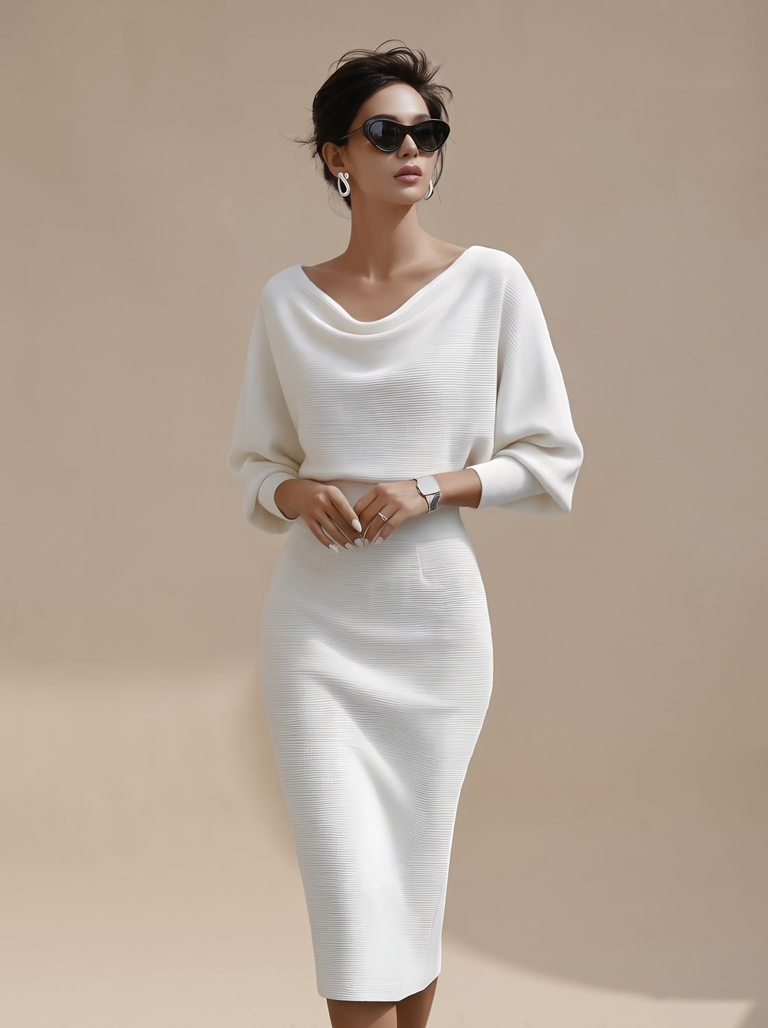 Women's Cowl Neck Batwing Sleeve Knit Midi Pencil Dress