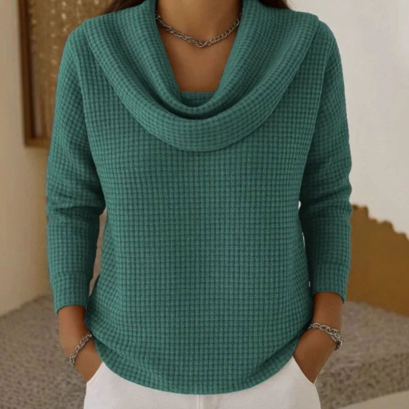 Women's Cowl Neck Waffle Knit Lightweight Sweater Long Sleeve - Green