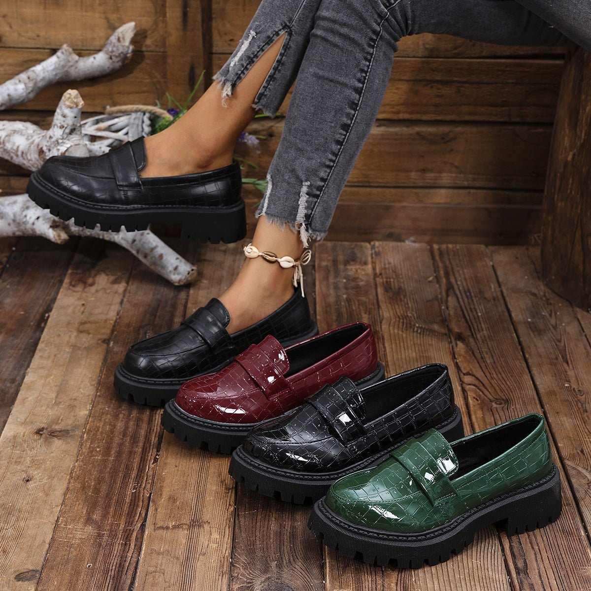 Women's Croc-Embossed Chunky Platform Slip-On Comfort Loafers