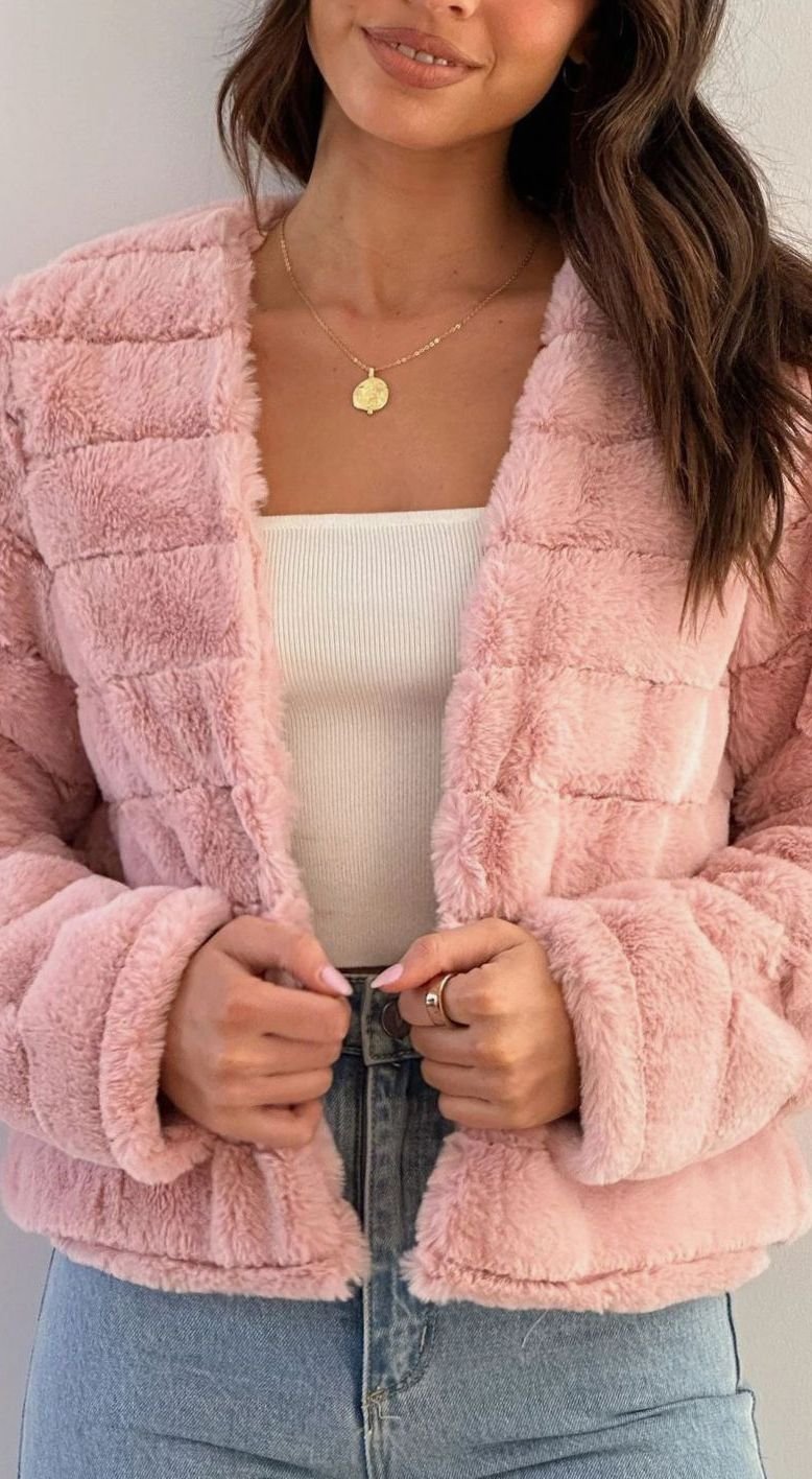 Women's Cropped Open-Collar Faux Fur Jacket - Pink