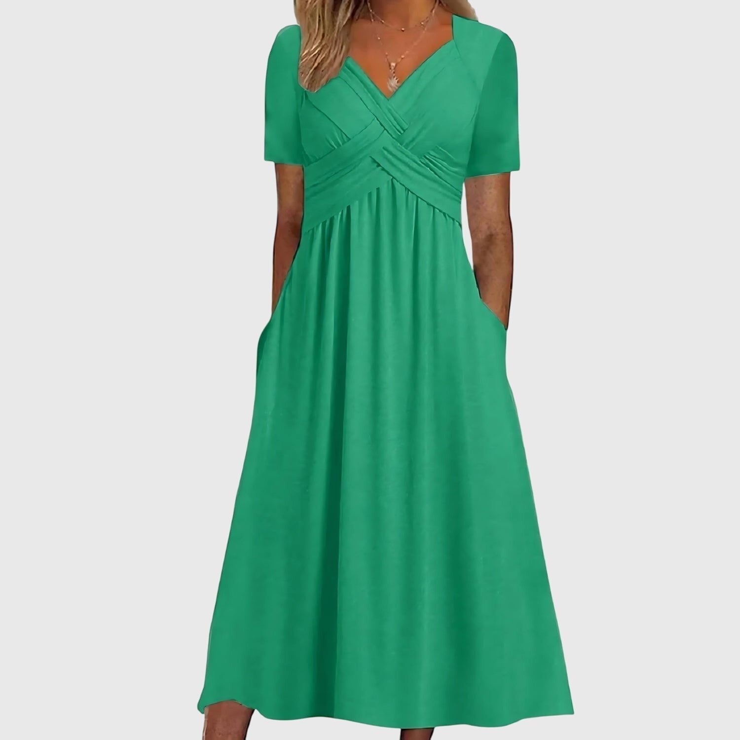 Women's Cross-Front Tummy Control Short Sleeve Midi Dress - Green