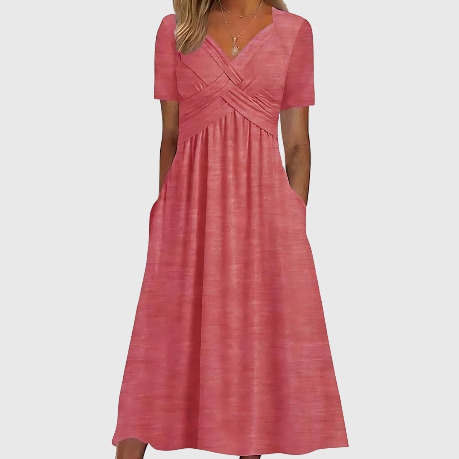 Women's Cross-Front Tummy Control Short Sleeve Midi Dress - Pink