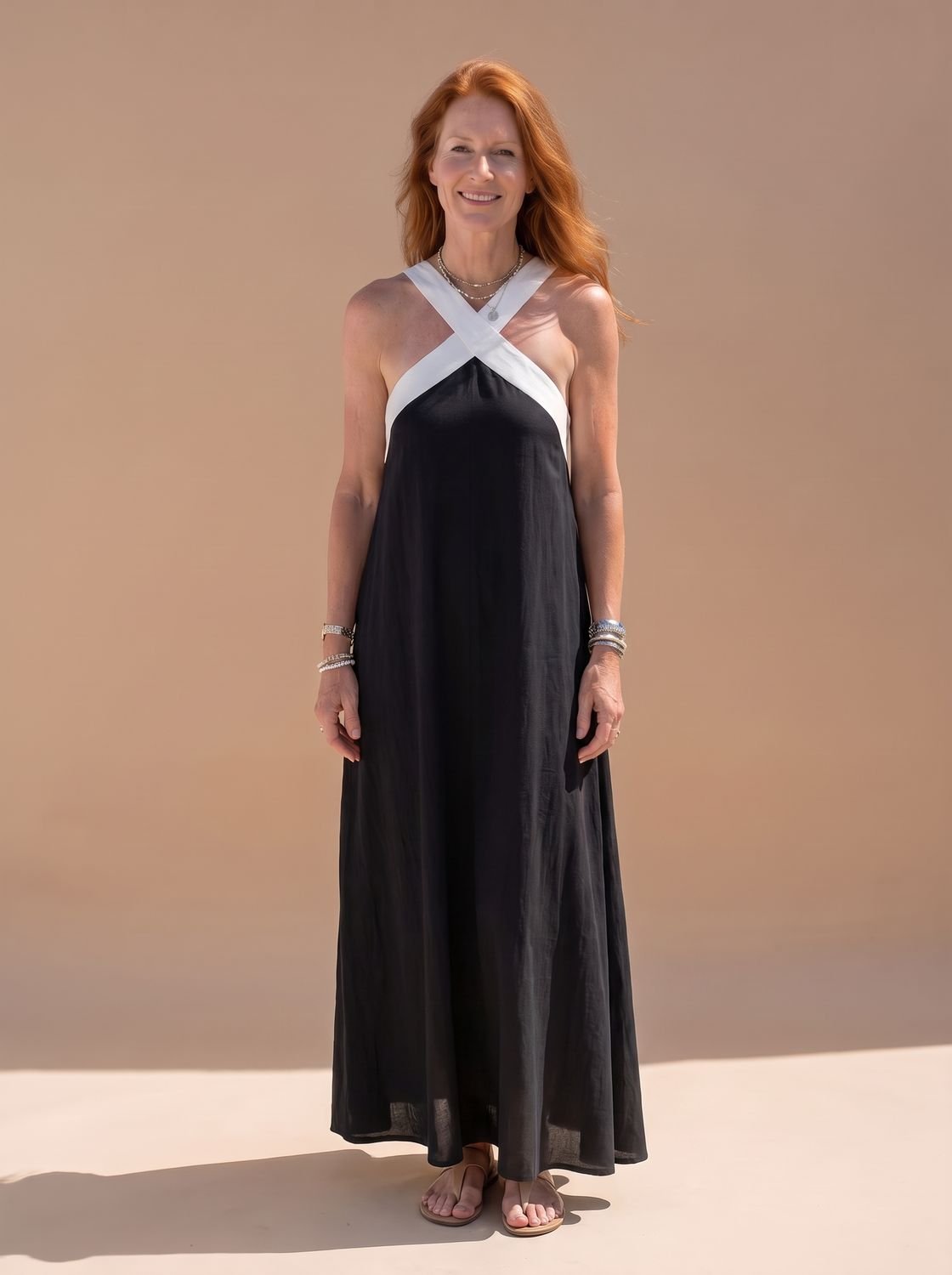 Women's Cross-Neck Contrast Strap Sleeveless Maxi Dress - Black