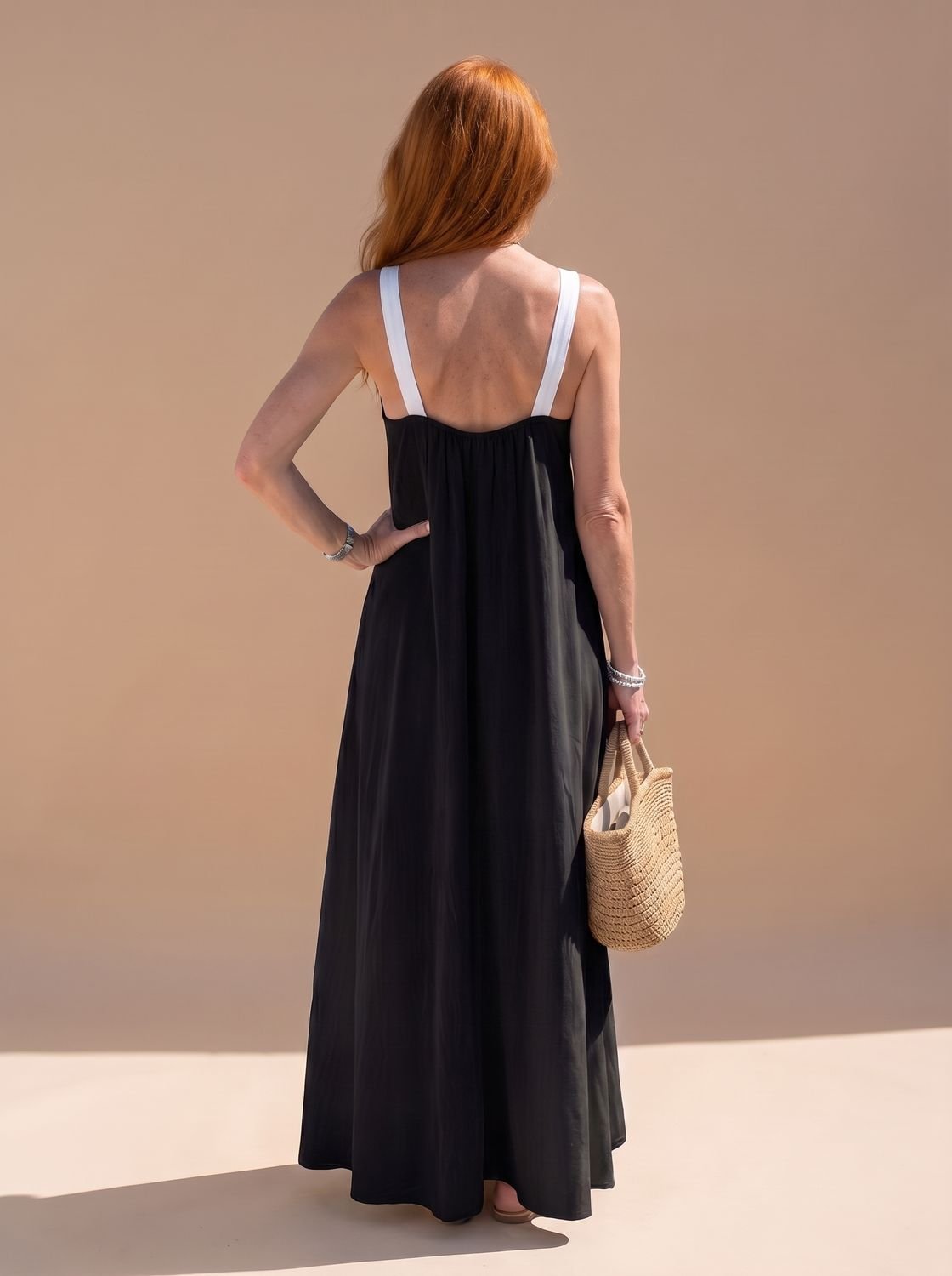 Women's Cross-Neck Contrast Strap Sleeveless Maxi Dress