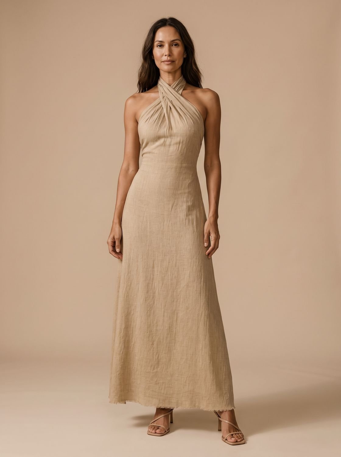 Women's Crossover Halter Sleeveless Fitted Maxi Dress - Khaki