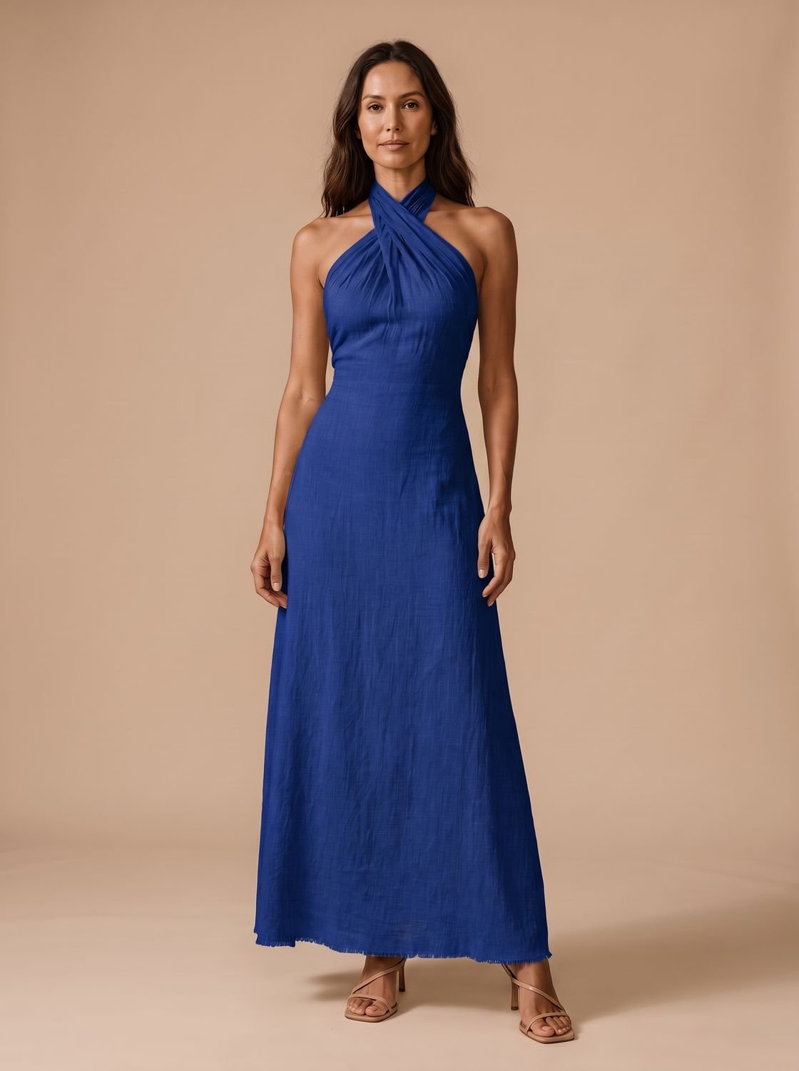 Women's Crossover Halter Sleeveless Fitted Maxi Dress - Dark Blue