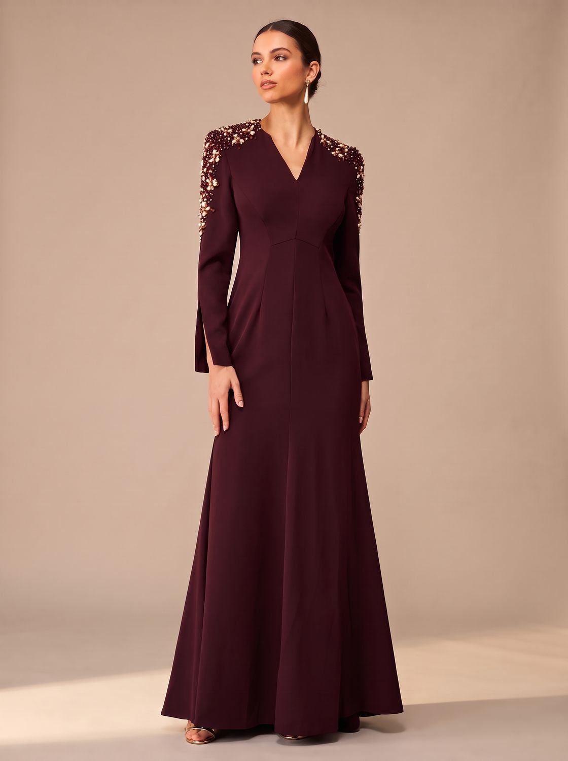 Women's Crystal-Embellished V-Neck Long-Sleeve Maxi Christmas Party Dress
