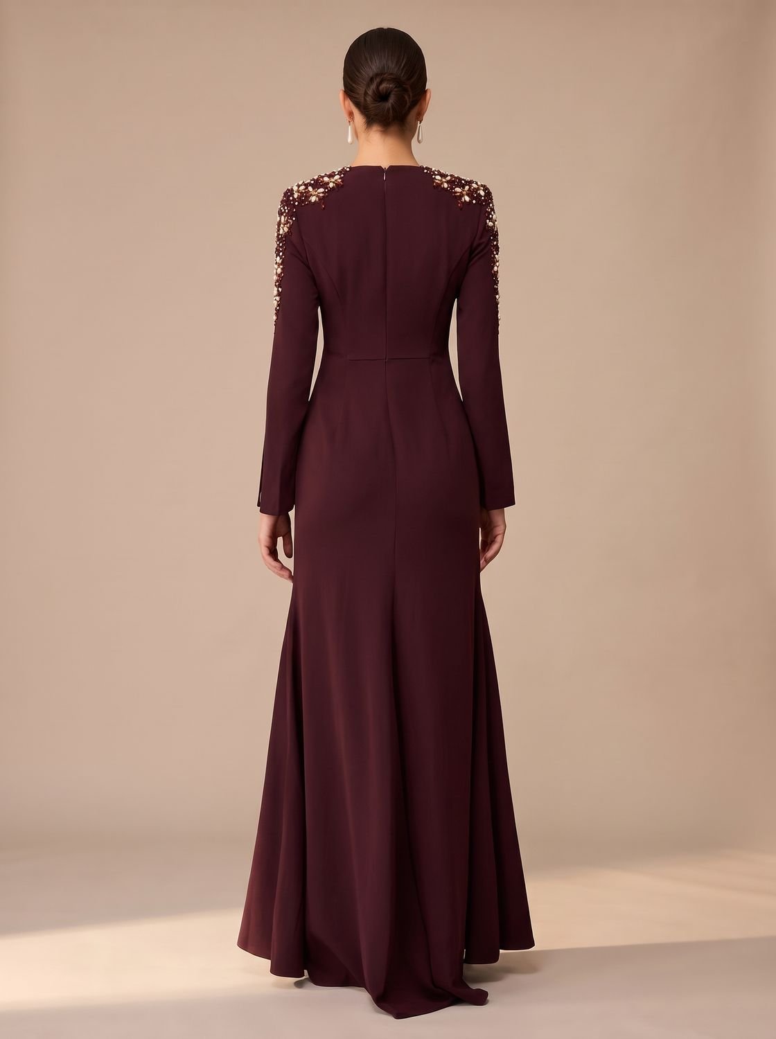 Women's Crystal-Embellished V-Neck Long-Sleeve Maxi Christmas Party Dress