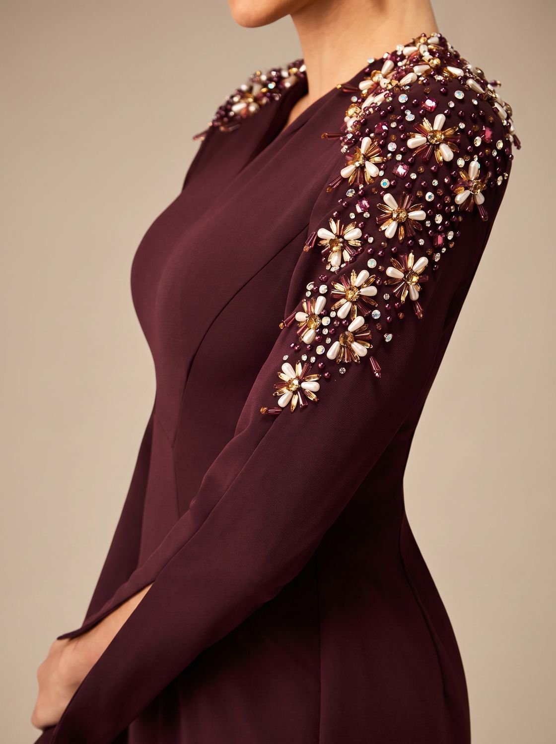 Women's Crystal-Embellished V-Neck Long-Sleeve Maxi Christmas Party Dress