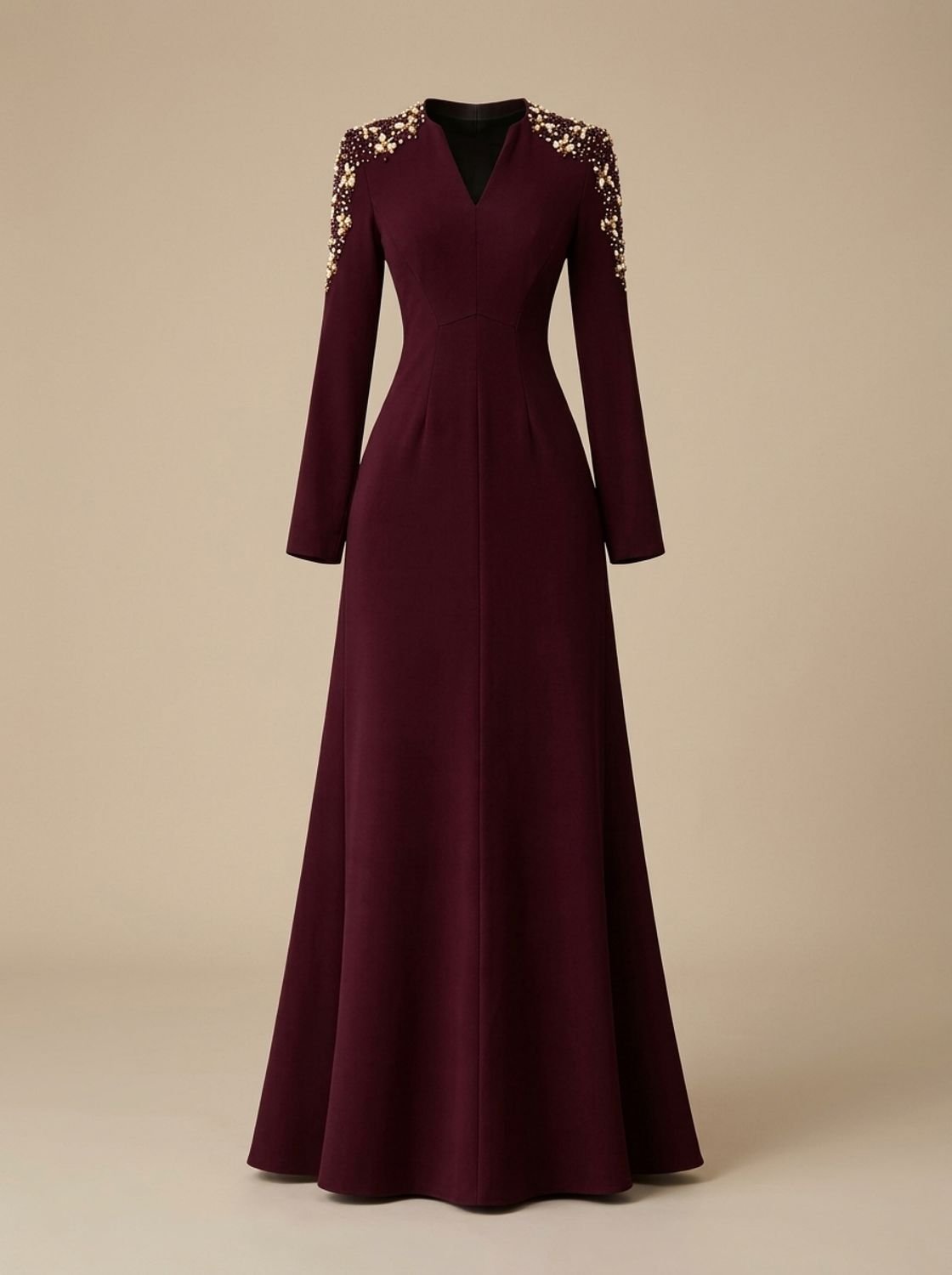 Women's Crystal-Embellished V-Neck Long-Sleeve Maxi Christmas Party Dress - Burgundy