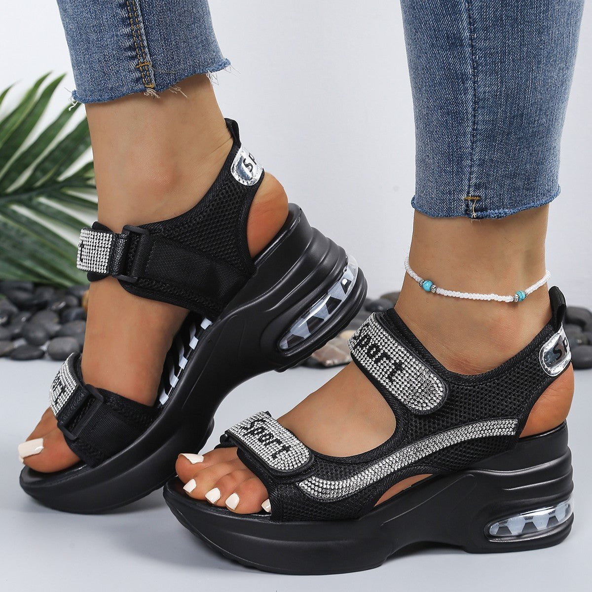 Women's Crystal Rhinestone Platform Wedge Comfort Sandals Velcro