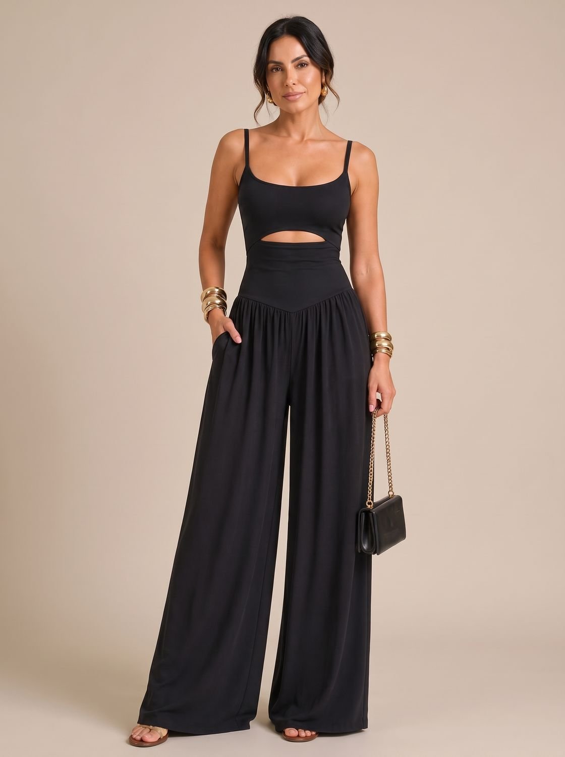 Women's Cutout Wide-Leg Spaghetti-Strap Jumpsuit - Black