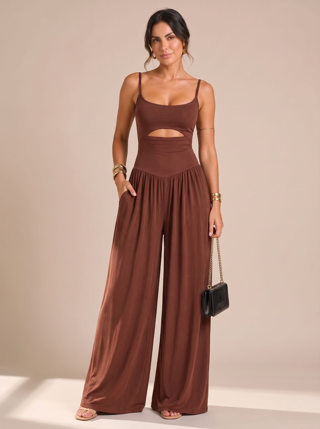 Women's Cutout Wide-Leg Spaghetti-Strap Jumpsuit - Brown
