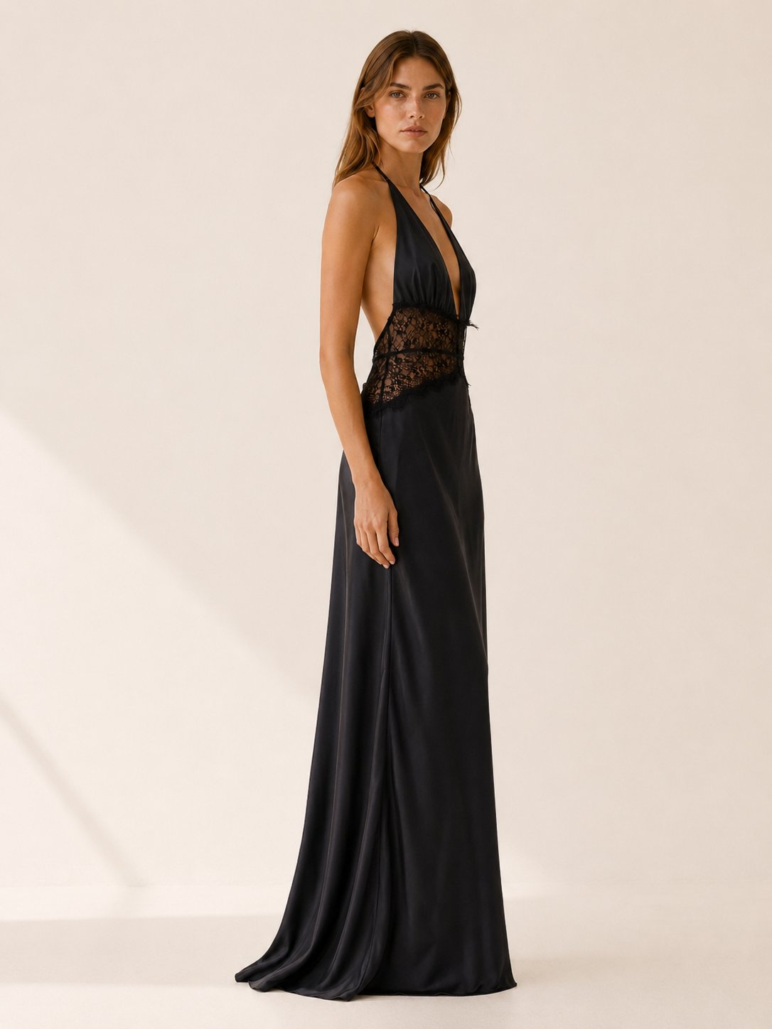 Women's Deep-Plunge Halter-Neck Lace-Waist Backless Maxi Dress