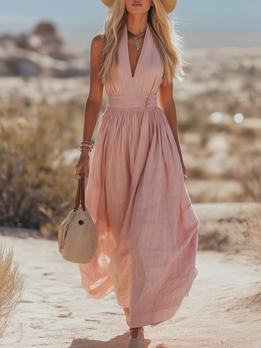 Women's Deep V-Halter Ruched Waist Flowy Linen-Blend Maxi Dress - Pink