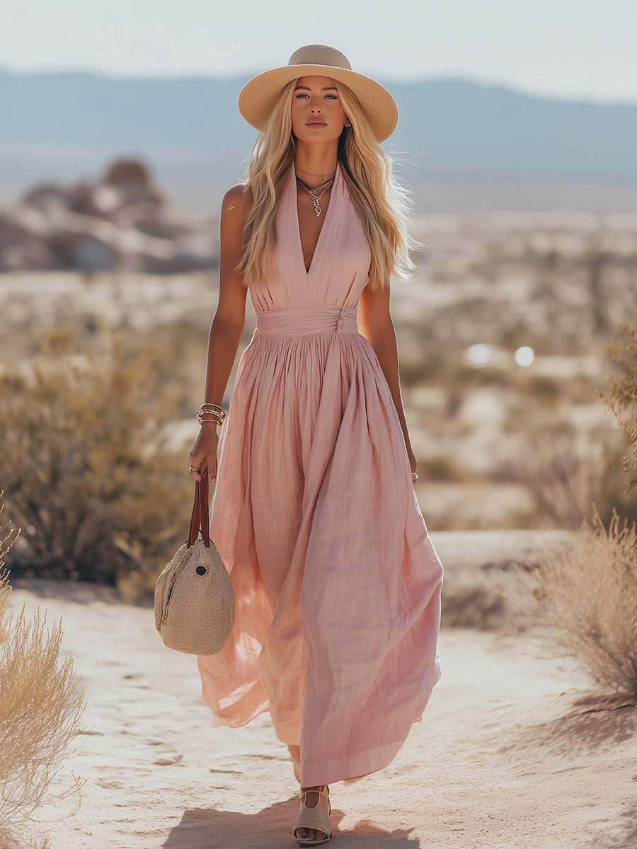 Women's Deep V-Halter Ruched Waist Flowy Linen-Blend Maxi Dress