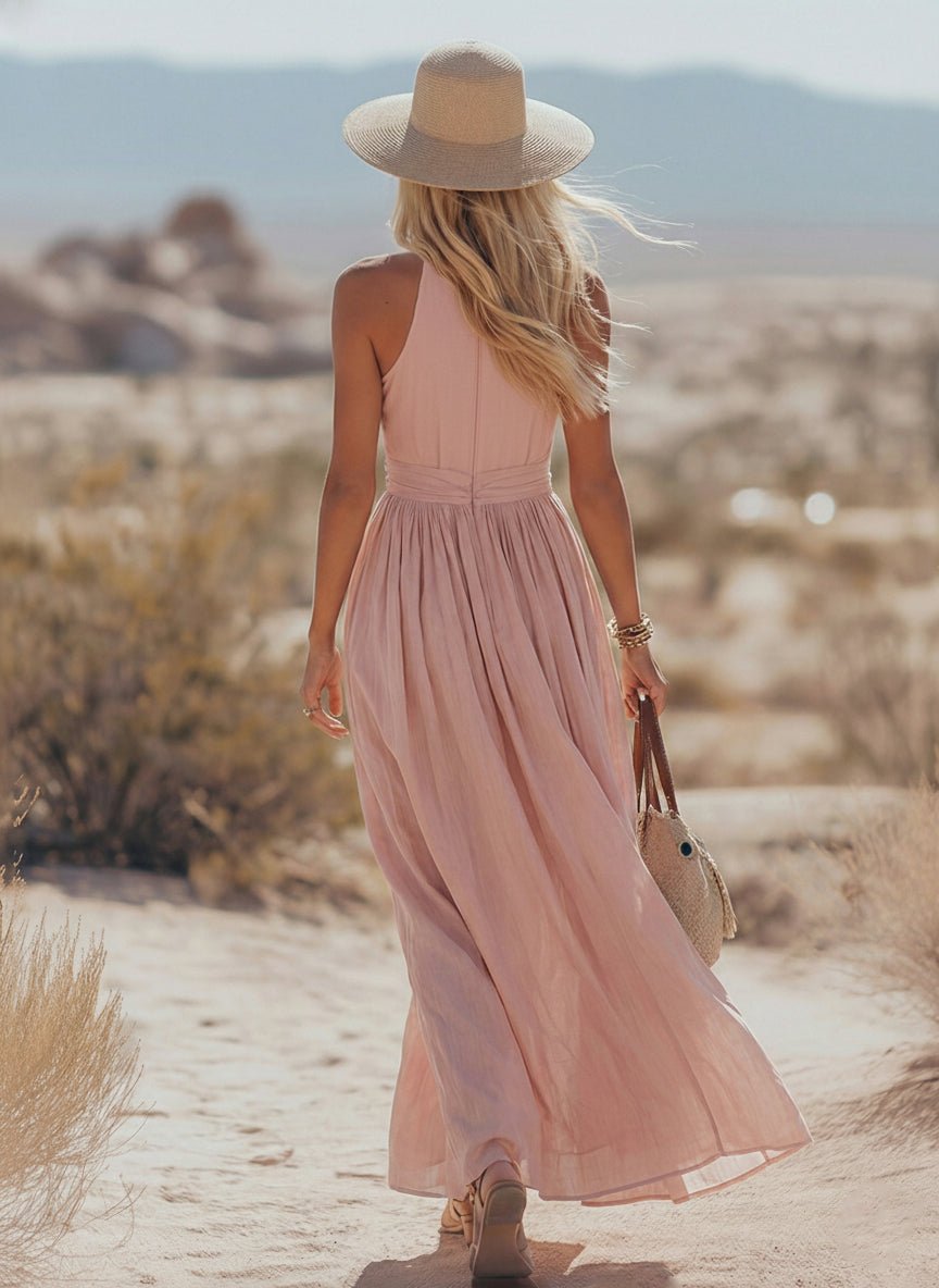 Women's Deep V-Halter Ruched Waist Flowy Linen-Blend Maxi Dress