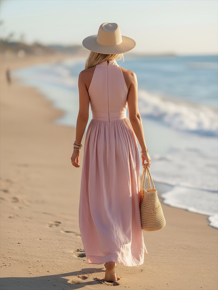 Women's Deep V-Halter Ruched Waist Flowy Linen-Blend Maxi Dress