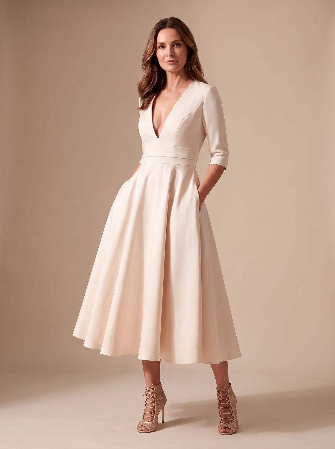 Women's Deep V-Neck A-Line Midi Cocktail Dress - White