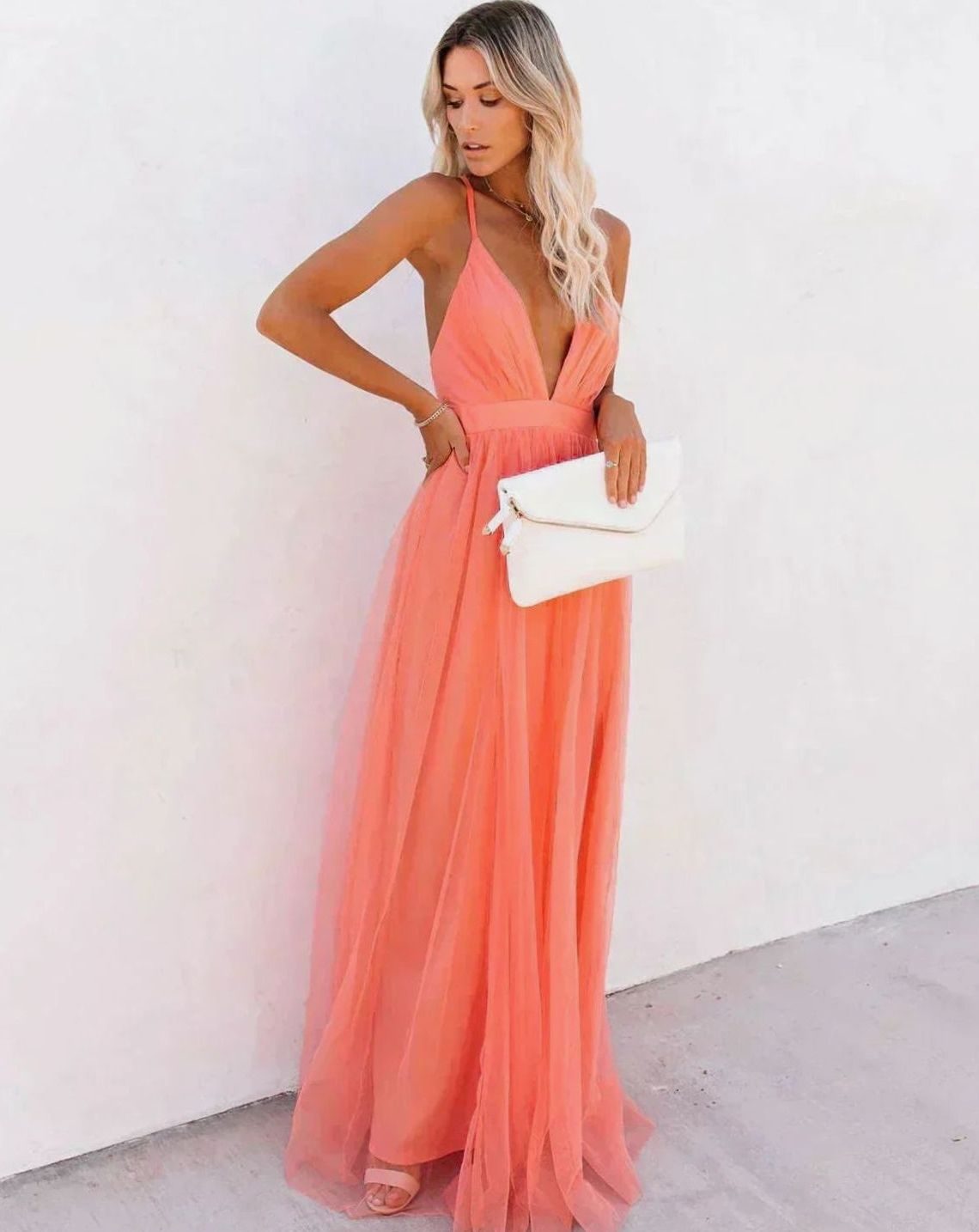 Women's Deep V-Neck Backless Tulle Maxi Dress Spaghetti Strap