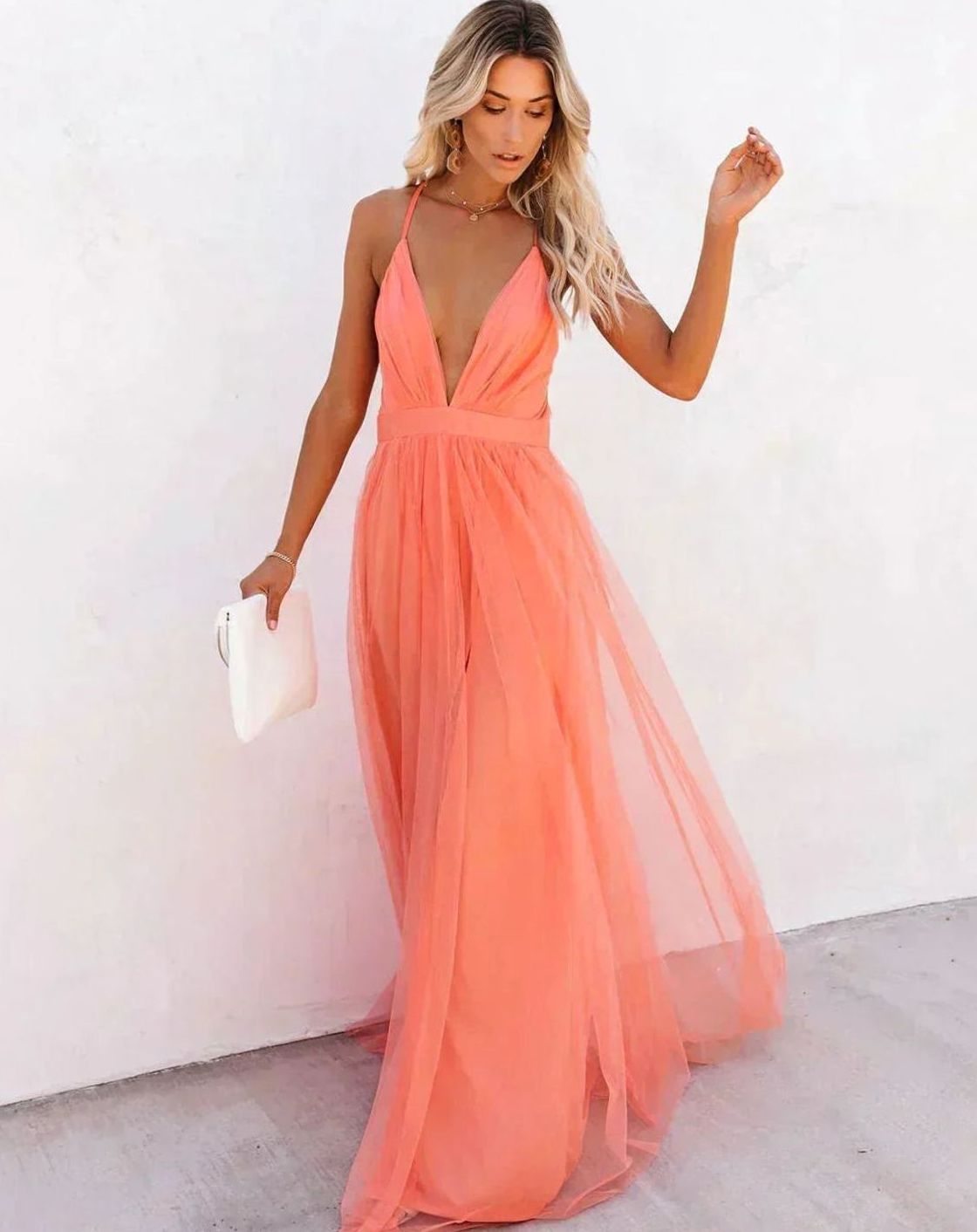 Women's Deep V-Neck Backless Tulle Maxi Dress Spaghetti Strap