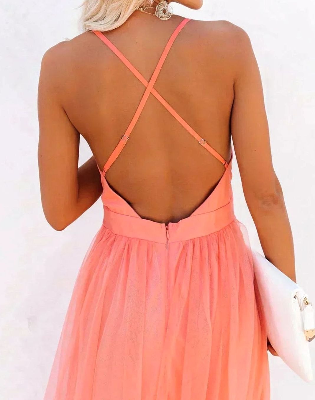 Women's Deep V-Neck Backless Tulle Maxi Dress Spaghetti Strap