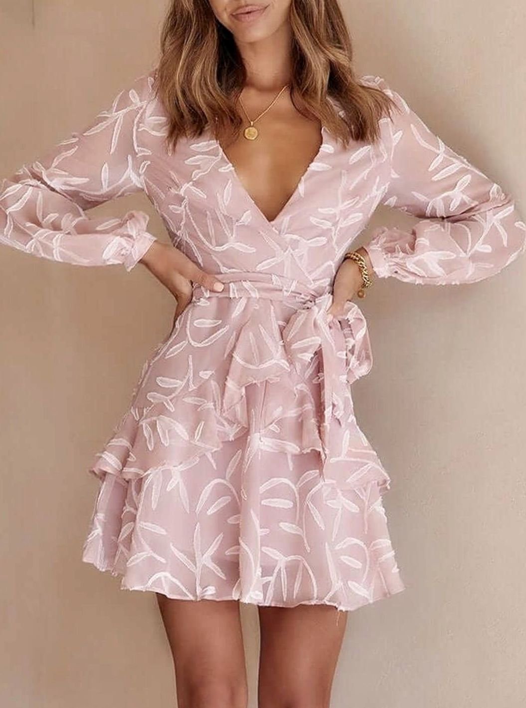 Women's Deep V-Neck Long-Sleeve Ruffle Wedding Guest Dress