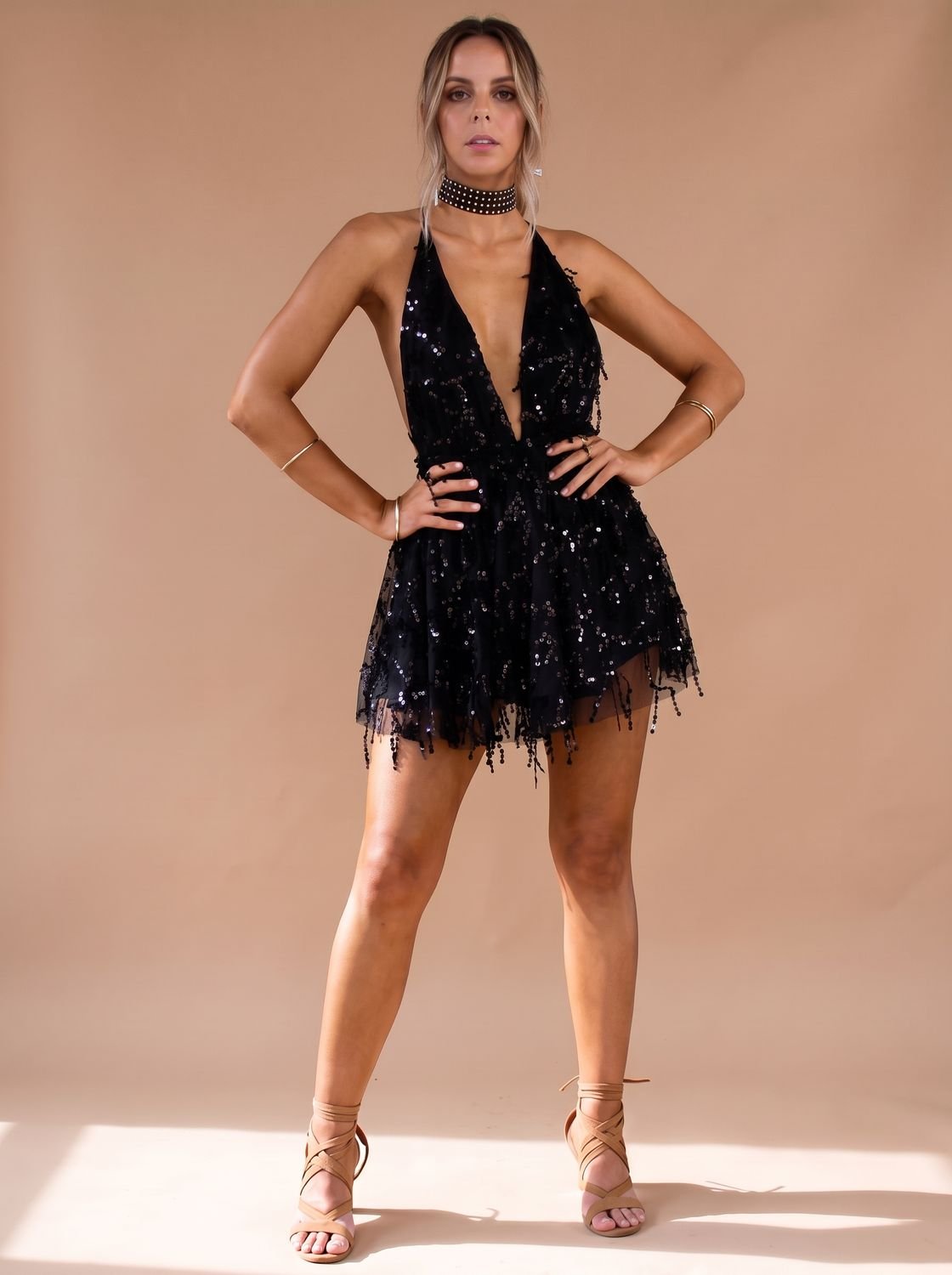 Women's Deep V-Neck Sequin Halter Cocktail Dress Flowing Skirt - Black