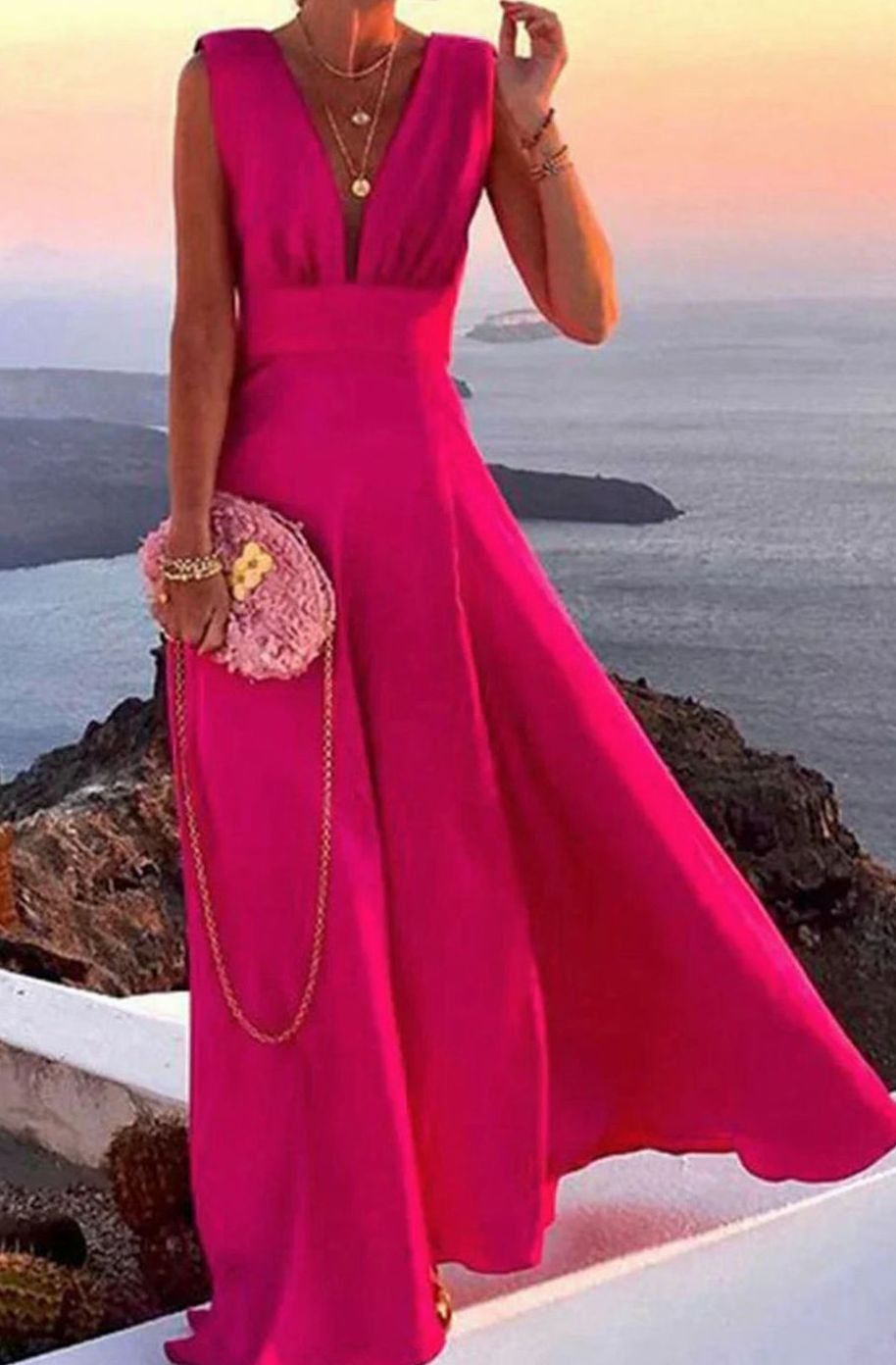 Women's Deep V-Neck Sleeveless A-Line Maxi Dress - Pink