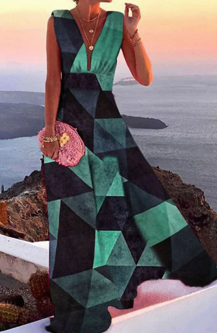 Women's Deep V-Neck Sleeveless A-Line Maxi Dress - Green Black