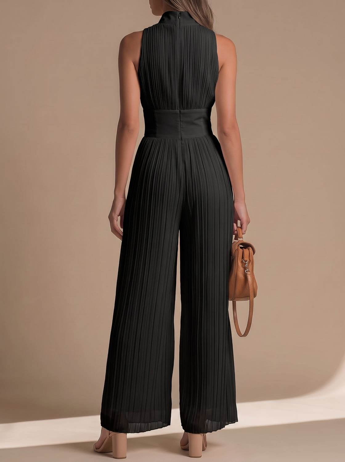 Women's Deep V-Neck Sleeveless Pleated Wide-Leg Chiffon Jumpsuit