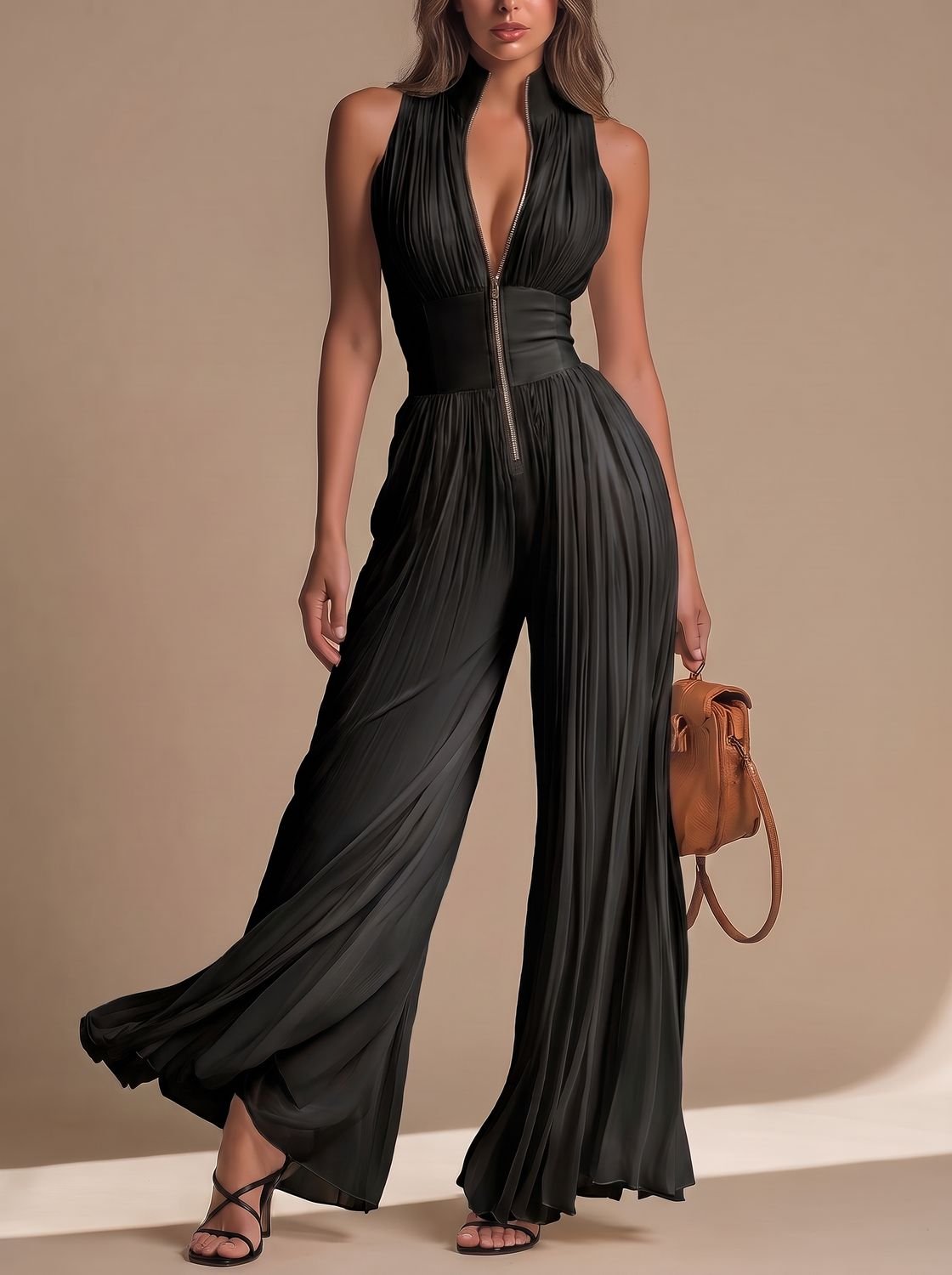 Women's Deep V-Neck Sleeveless Pleated Wide-Leg Chiffon Jumpsuit