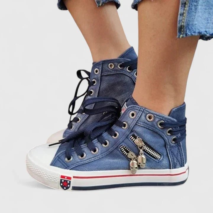 Women's Denim High-Top Canvas Orthopedic Sneakers - Navy Blue