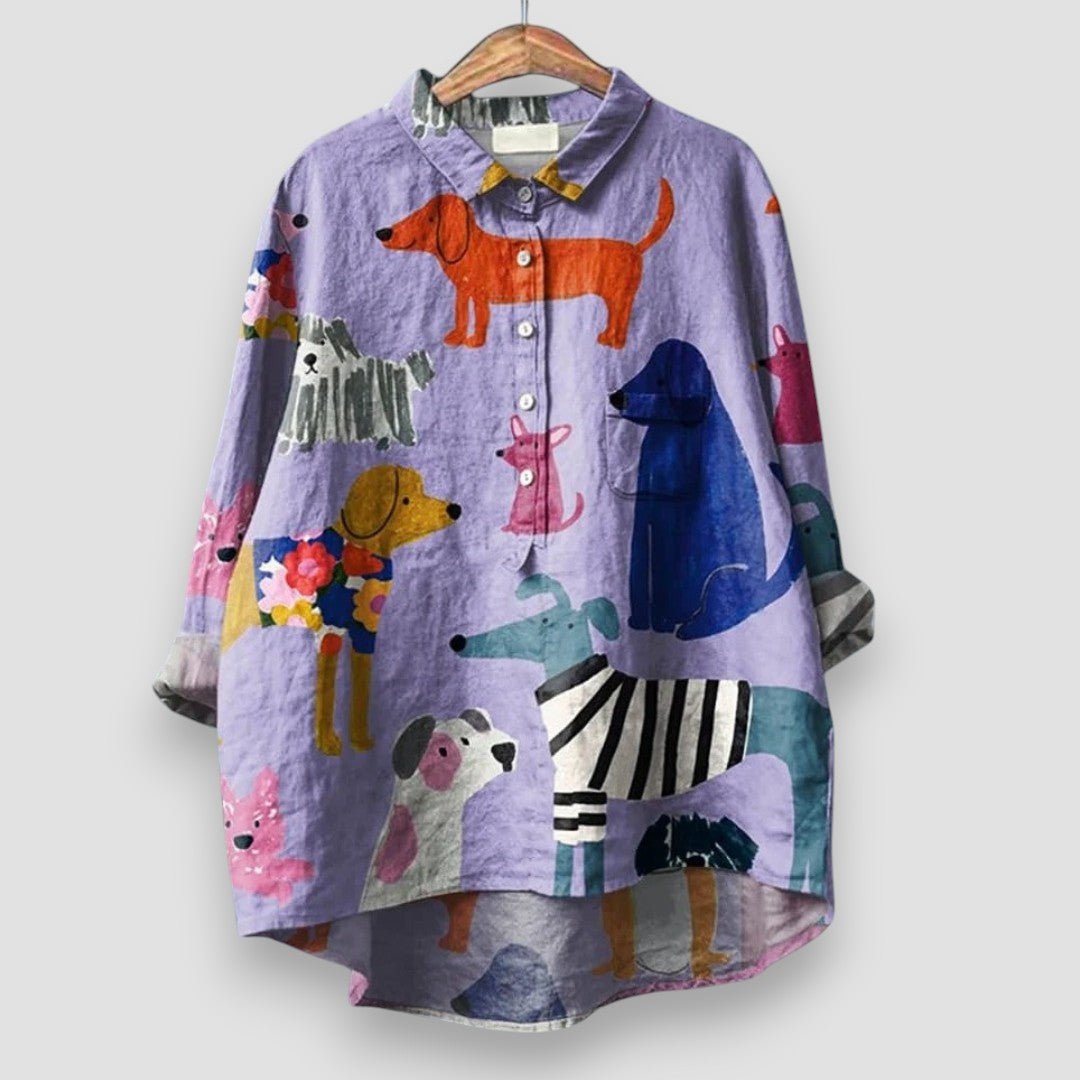 Women's Dog Print Long Sleeve Button Shirt - Purple