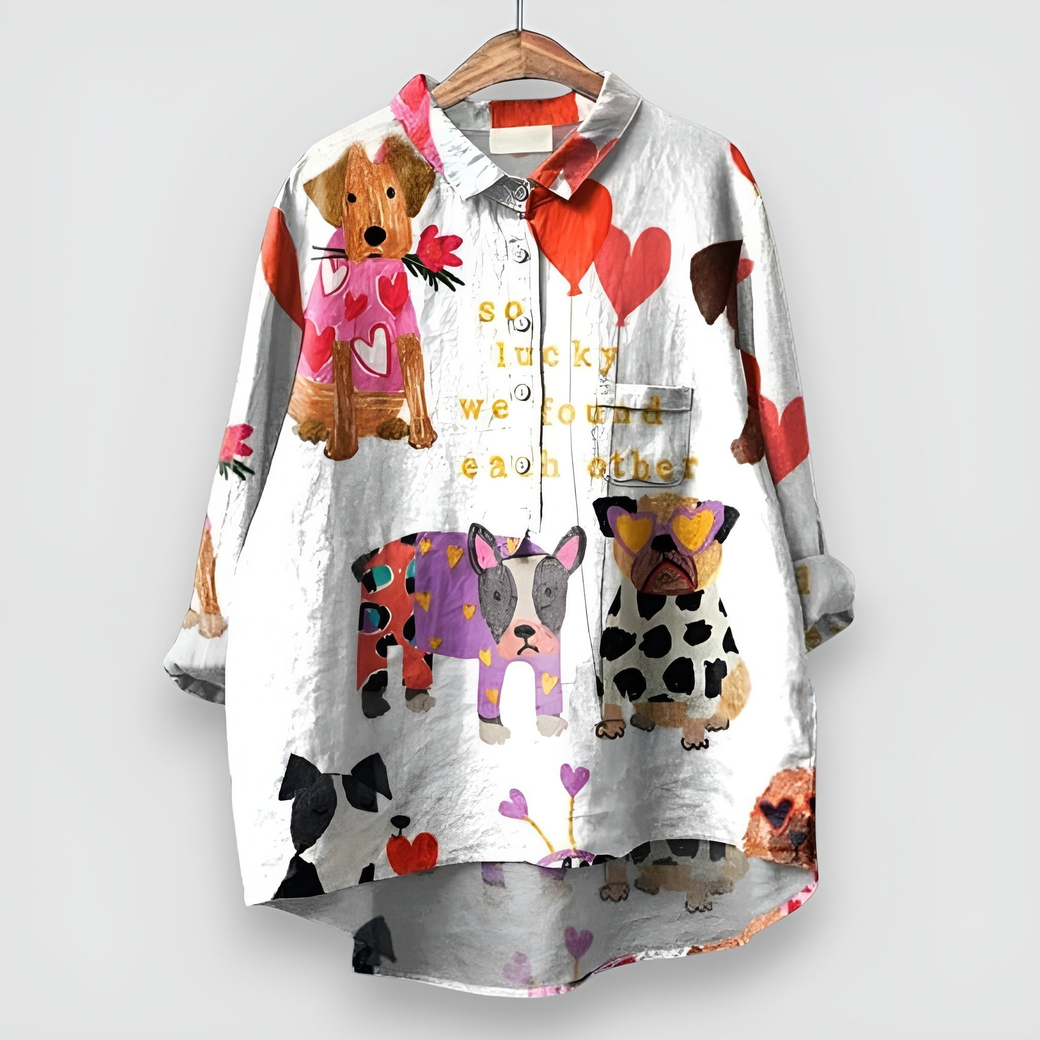 Women's Dog Print Long Sleeve Button Shirt - White 2