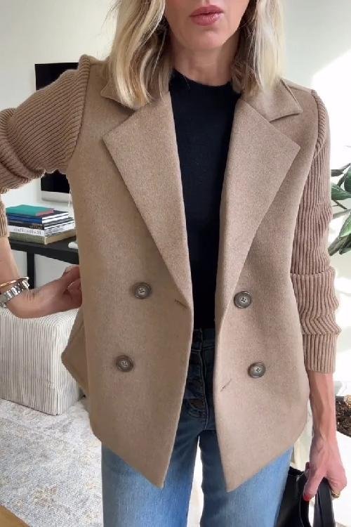 Women's Double Breasted Blazer Knit Sleeve Tailored Fit - Brown